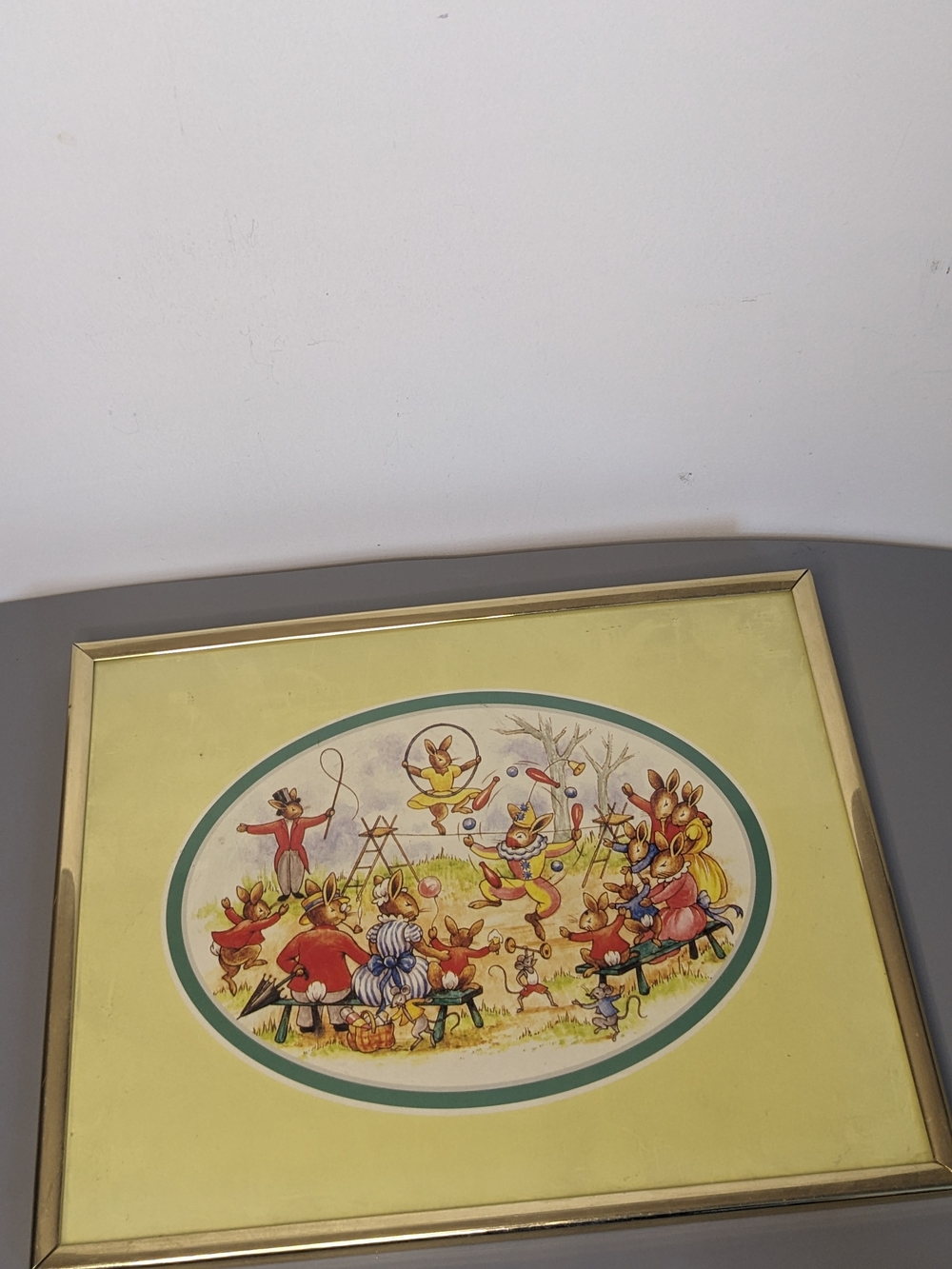 Royal Doulton Bunnykins Framed Oval Print With Back Plaque Vintage Nursery Art